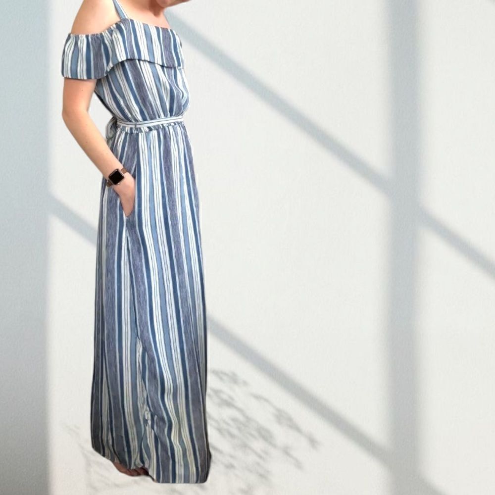 Luxology Dress Blue Stripe toe Waist Drop Shoulder Maxi Size 10